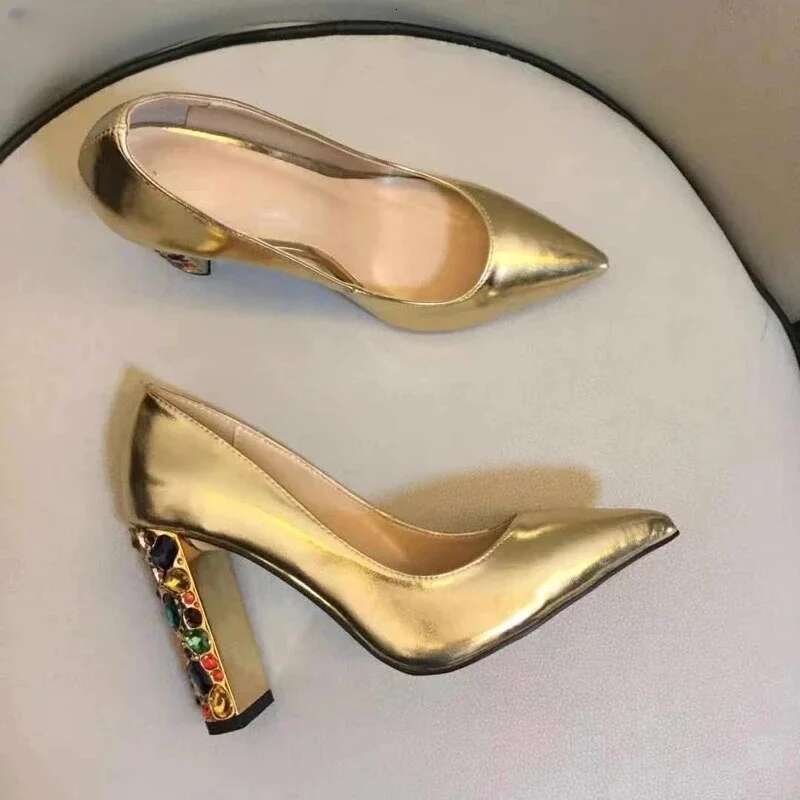 Brand Designer Rhinestone Pointed Toe Thick Heel Sandals Gold High Heels Sexy Casual Shoes Women
