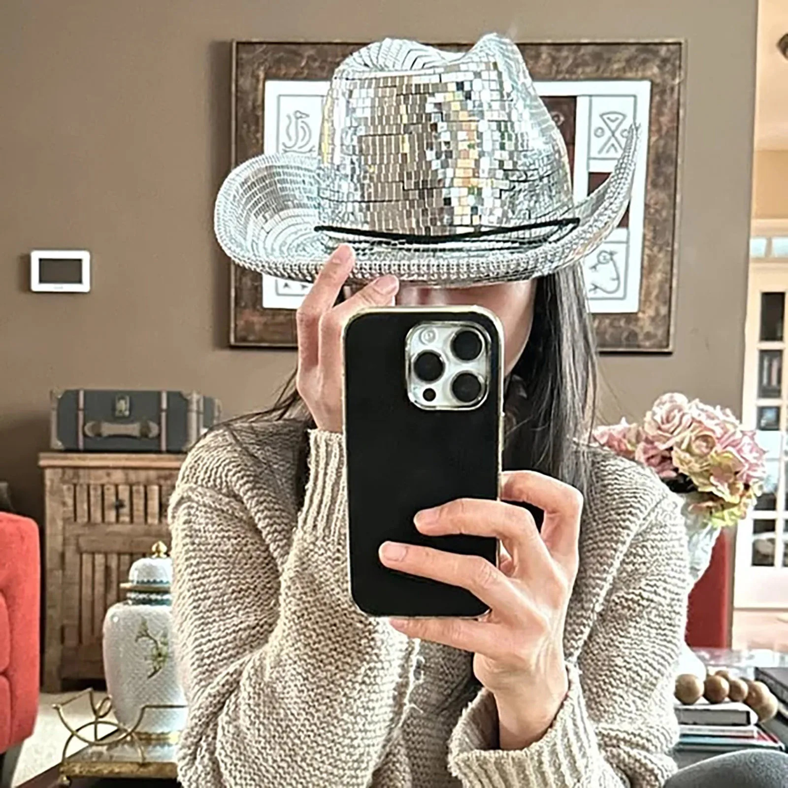 Retro Ball Cowboy Hat For Women Glitter Mirror Glass Disco Ball Hat Classic Ball Disco Wide Brim Hat For Cowboy Cowgirl 250430