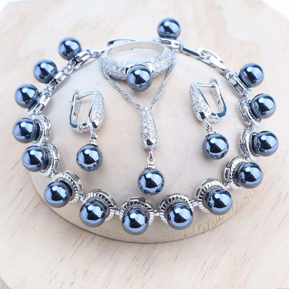 Sier Sets Bridal Black Pearls Natural White CZ Ring Bracelets Earrings Pendants Necklace Set Women Wedding Jewelry