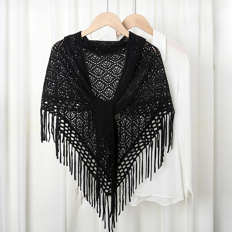 Plain Knitted Tassels Hollow Triangle Scarf Shawl Women Cotton Soft Wrap Ladies Air-conditioned Room Capa Simple Elegant Scarves 250430