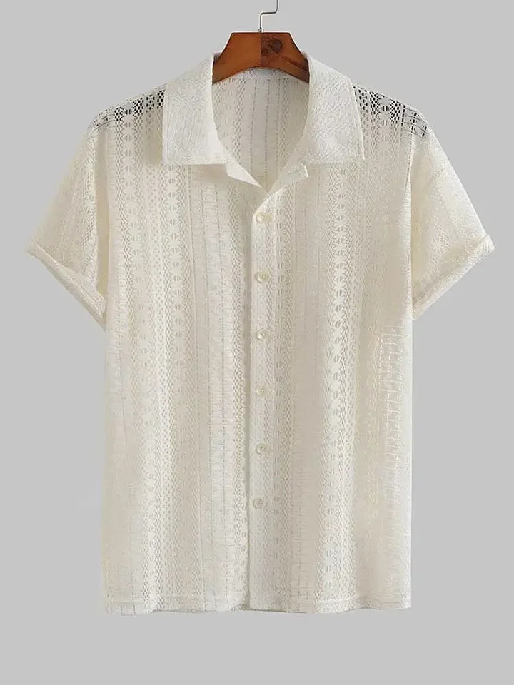 cotton open mens shirt sexy lace short sleeved shirt transparent shirt summer solid streetwear top beach shirt 250427