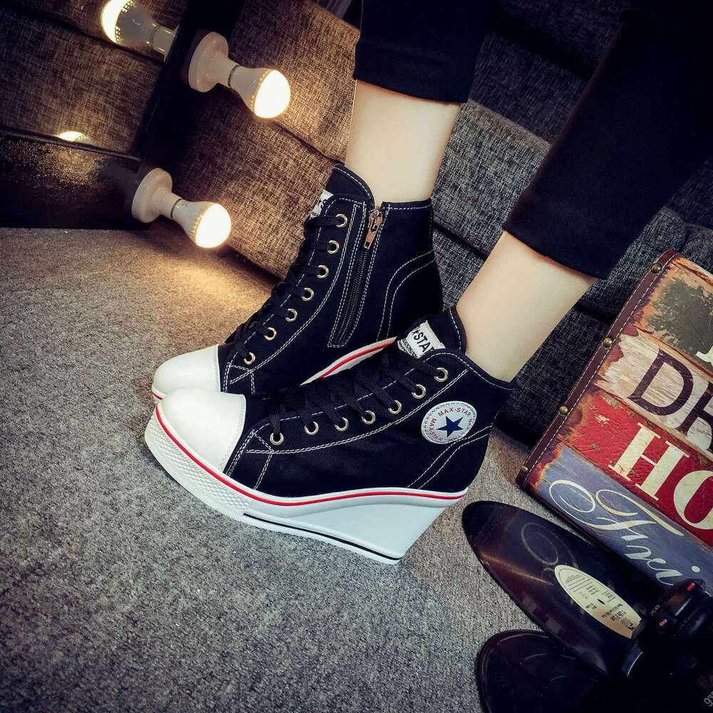Spring and autumn new thick-sole wedge high-top lace-up canvas casual heightening large-size high-heeled women's shoes