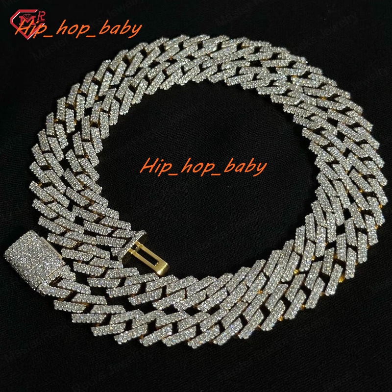 Iced Out Hip Hop 2 Rows Cuban 12mm 925 Sterling Silver VVS Diamond Moissanite Cuban Link Chain for Men