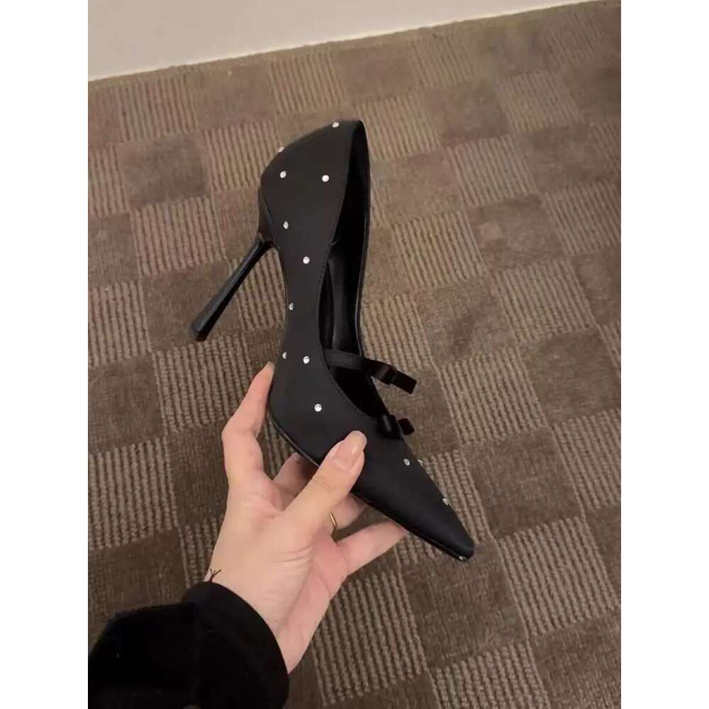 New Polka Dots Fashion Pointed Toe Women's Pumps Heel Bow Rhinestone Silk High Heels Wedding Party Shoes