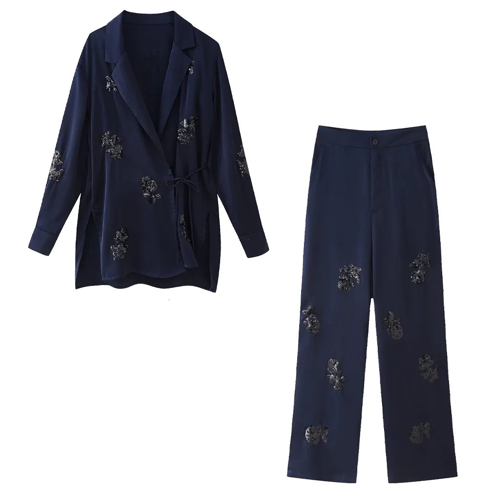 Zach Ailsa Summer Product Womens Loose Lace Set Coat Beaded Silk Texture Pants Casual 250530