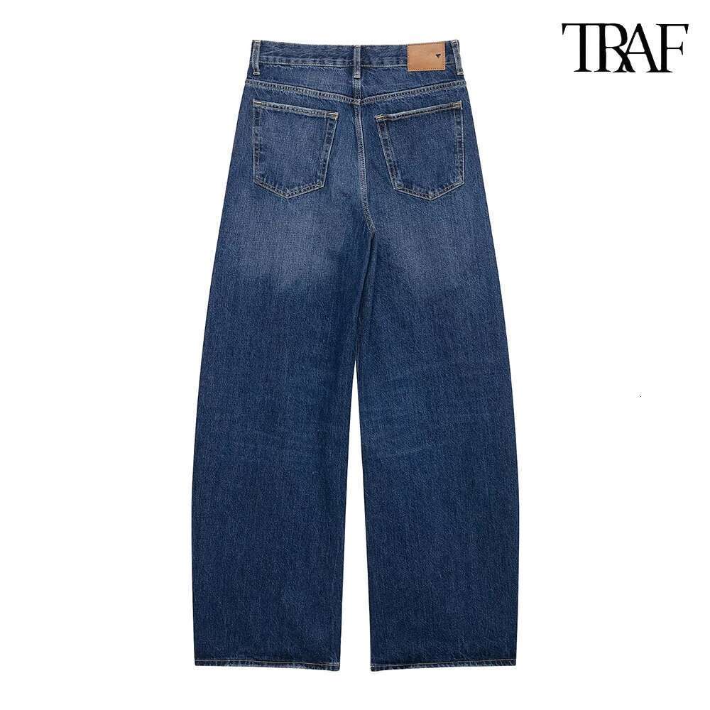 TRAF high-waisted Slim wide-legged denim casual elegant straight trousers temperament street women's clothing
