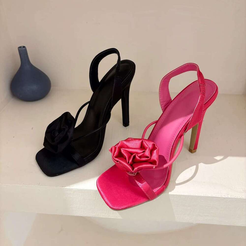 Quality Brands Sandals Fashion Open High Heel Flowers Decorate Single Square Toe Thin Strap Women's Shoes