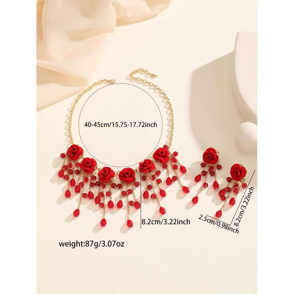 3Pcs/Set Elegant Vintage Red Rose Crystal Tassel Pendant Necklace And Earrings Romantic Jewelry Set, Zinc Alloy, Stainless Steel