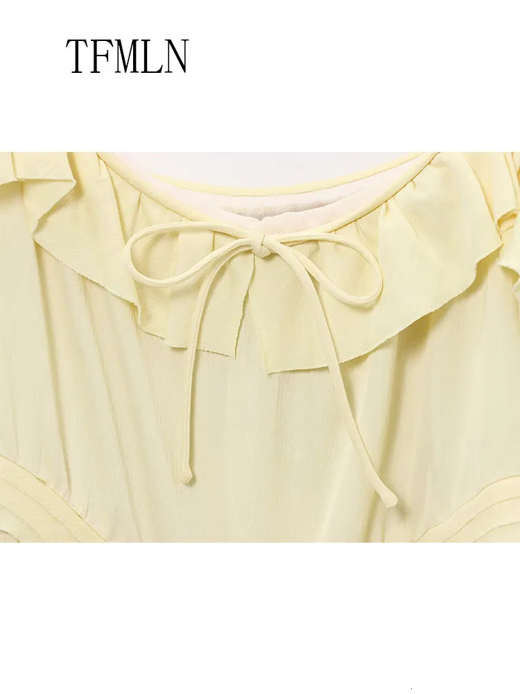 TFMLN 2025 Summer Women Tierred Mini Strap Dress Sweet Sleeveless Bow Causal Loose Dress Fashion Yellow Beach Style Dress 250428