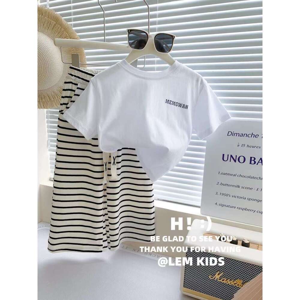 Baby Fashionable Two-Piece Summer New Item Girl Korean Version Letter Short Sleeved Striped Wide Leg Pants Casual Set