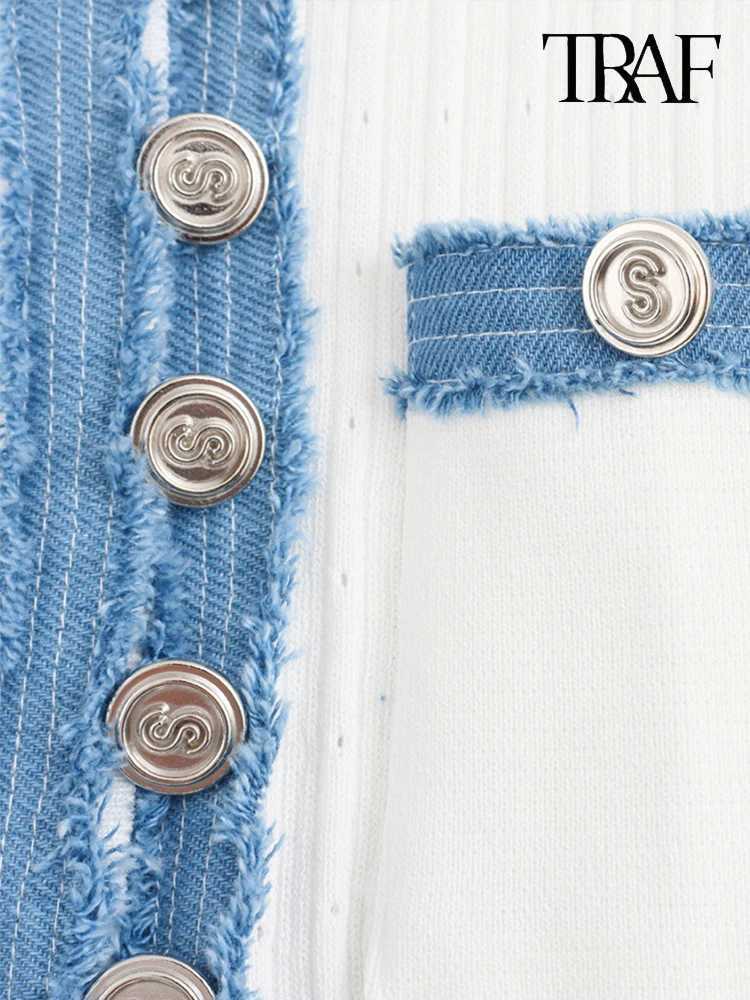 TRAF womens metal button knit dress denim patch work solid color street commuting casual short sleeved long skirt W250430