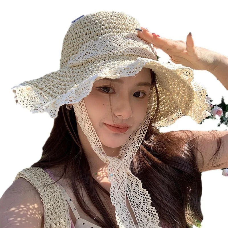 selling hollow straw hat for summer tourism summer sun protection beach sun protection hat spring and autumn lace edge outdoor sun protection hat 2504