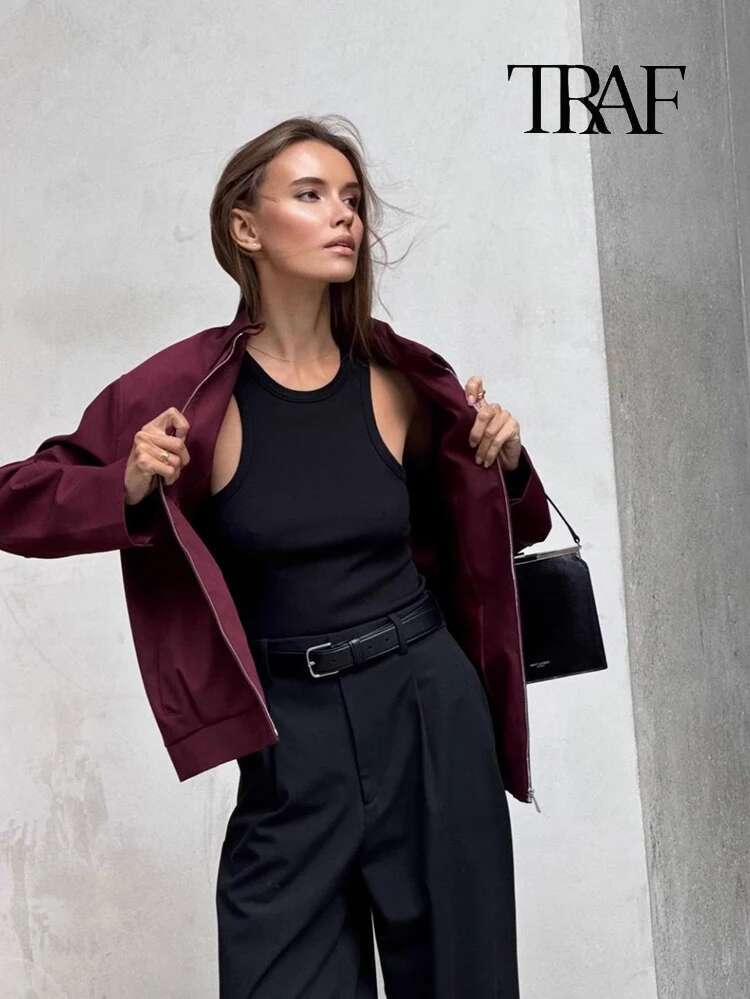 TRAF Women's Fashion Bordeaux Red Zipper Vintage Bury Lapel Long Sleeve Casual Loose Street Commuter Jacket