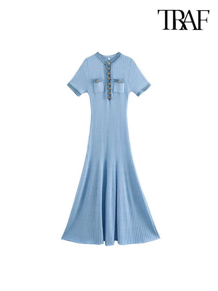 TRAF womens metal button knit dress denim patch work solid color street commuting casual short sleeved long skirt W250430