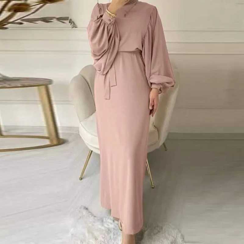 Bohemian womens dress spring and summer fashion lantern long sleeved belt bag hip O-neck casual long skirt W250430