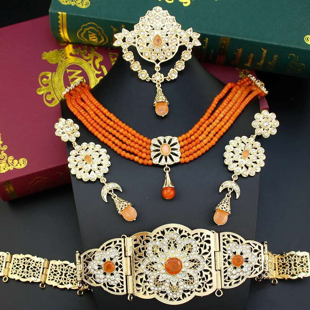 Neovisson Elegent Morocco Jewelry Sets Gold Color Waist Chain Belt Orange Crystal Choker Necklace Drop Earring Brooch Gift