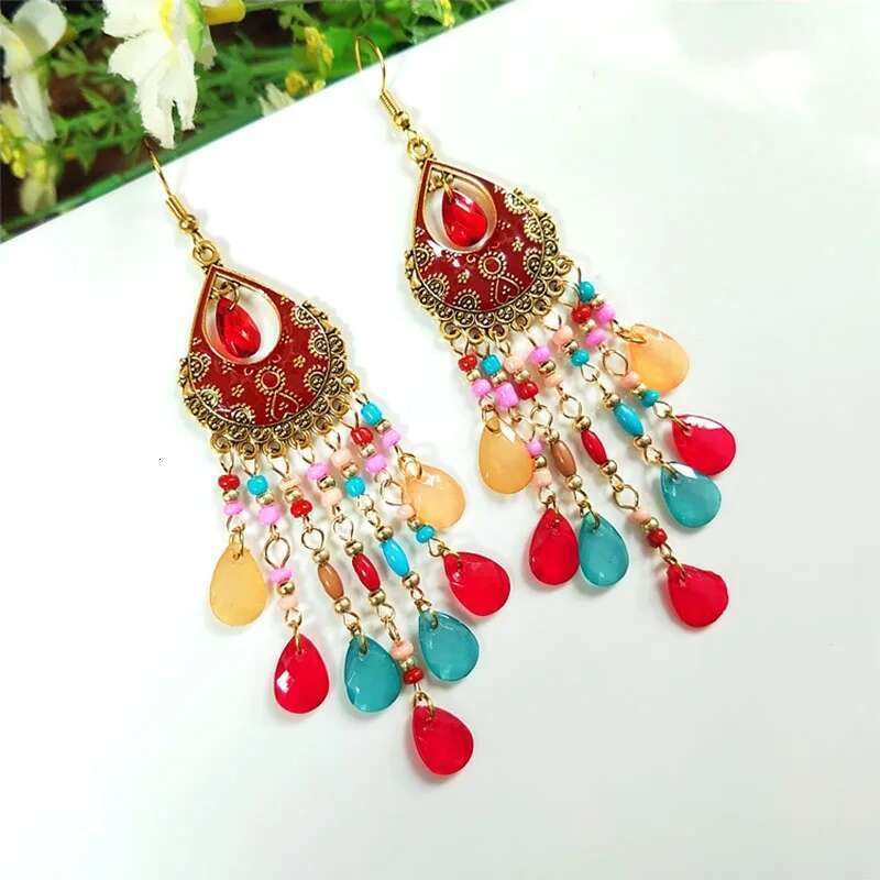 Bohemian Long Acrylic Waterdrop Tassel For Women Ethnic Multicolor Bead Drop Oil Handmade Dangle Earrings Boho Jewelry