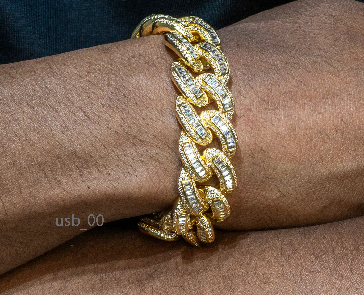 19MM Solid 925 Silver Hip Hop Cuban Link Chain Bracelet 18K Gold Plated with Studded VVS1 Moissanite Diamond Passes Tester