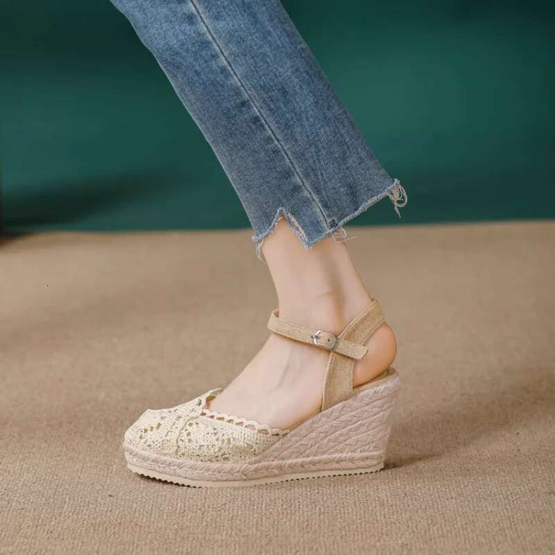 Fashion Designer Thick Sole Wedge Shoes Women Lace Breathable High Heels Canvas Buckle Sandals Gladiator Waterproof Platform Sh
