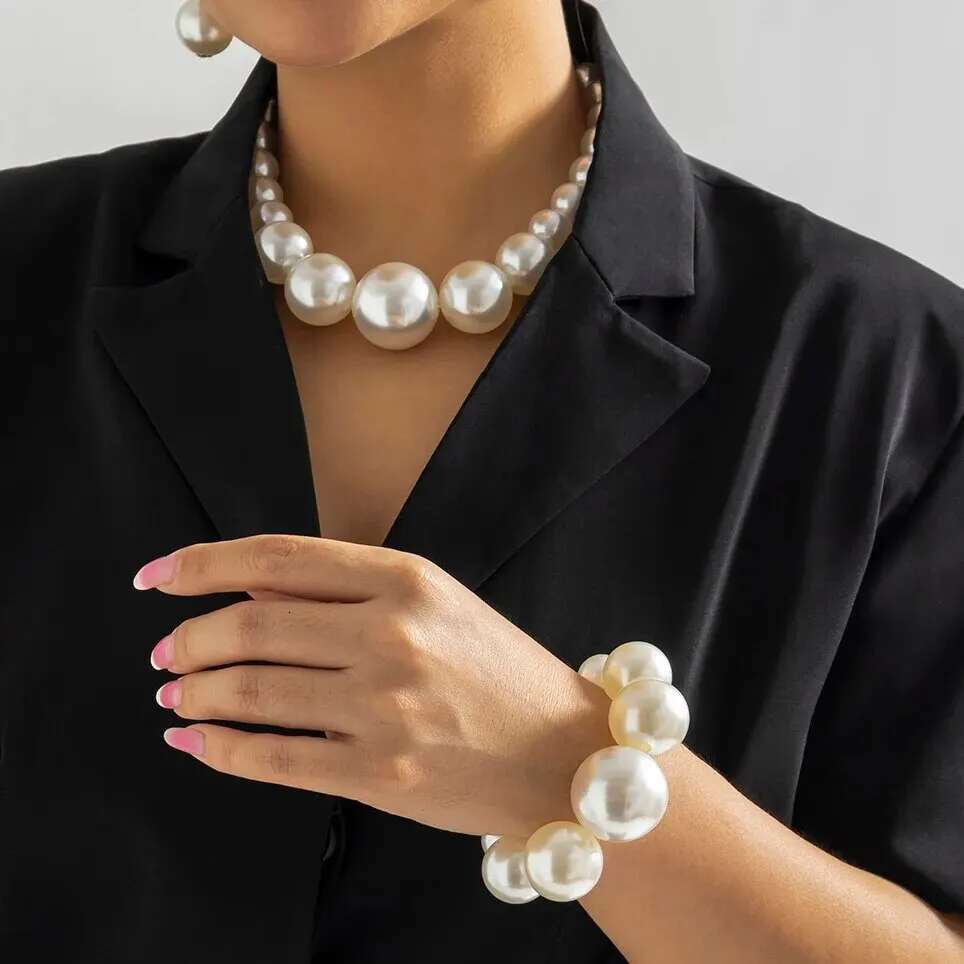 2Pcs Exaggerated Big Imitation Pearl Choker Necklace Bracelets For Women Wed Goth Bead Maxi Chain Grunge Jewelry Set Steampunk