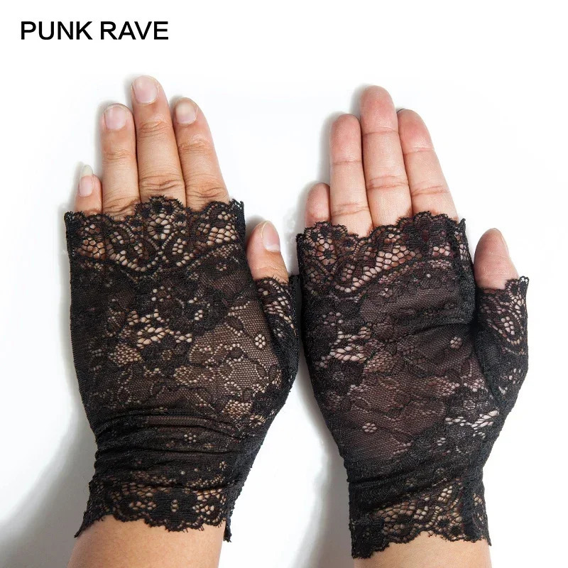 PUNK RAVE Lolita Party Sexy Mittens Women Gloves Gothic Black Female Lace Cosplay Fashion Accessories 1 Pair 250420