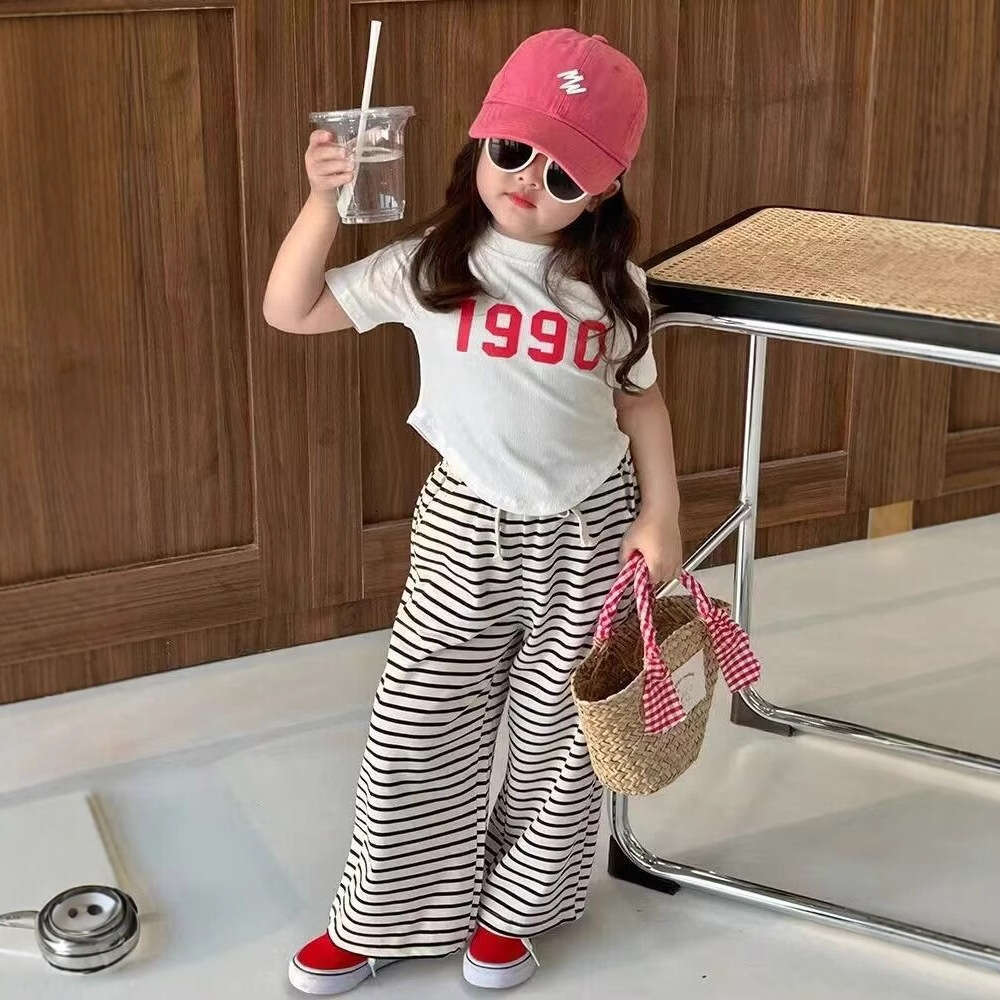 2024 Western Style Irregular Short Sleeved T-Shirt Striped Wide Legged Pants Korean Complete Of Girls Summer Set