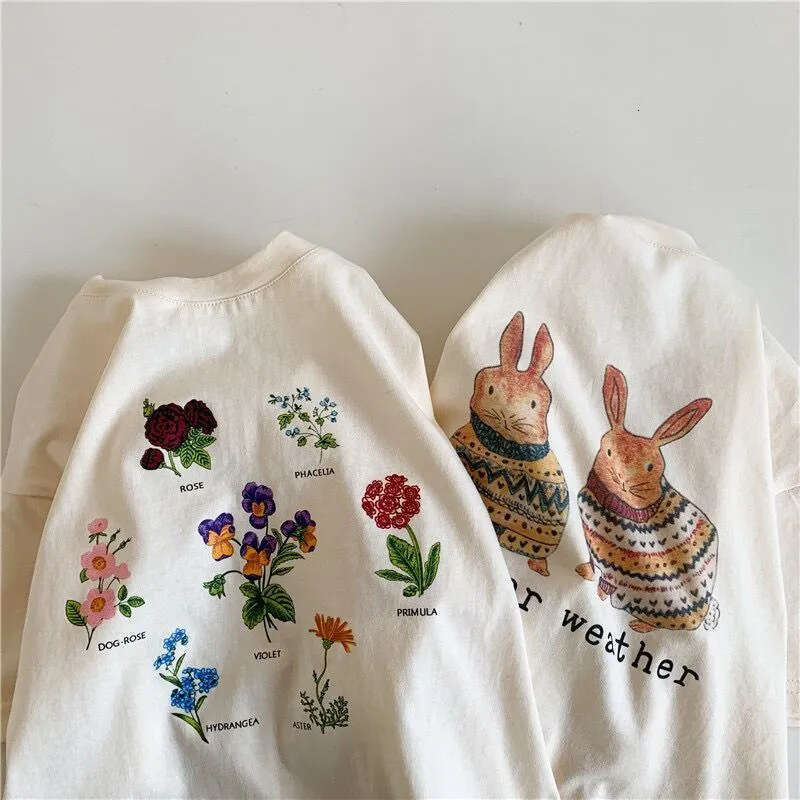2025 Summer New Girl's Little Rabbit Cartoon Printed Short T-Shirt, Children's Baby Fashionable Half Sleeve Top Trend