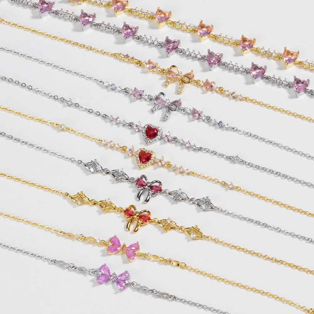 Fashion Y2K Exquisite Sweet Pink Zircon Bow Knot Love Chain Bracelet Womens Party Birthday Jewelry Gift 250428