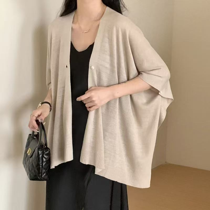 K587 Sunscreen thin knitted shawl color loose button versatile super fairy office medium and long advanced air conditioning outer wear