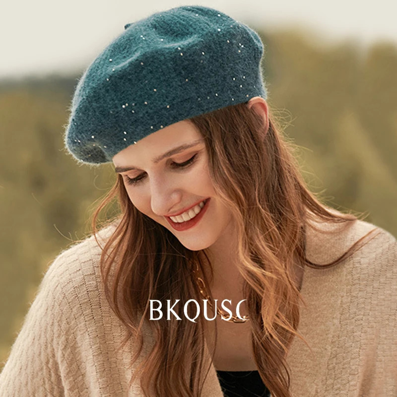 Fashion sequined velvet knit beret womens spring and winter hats warm and soft wool knit elegant artist beret 250430