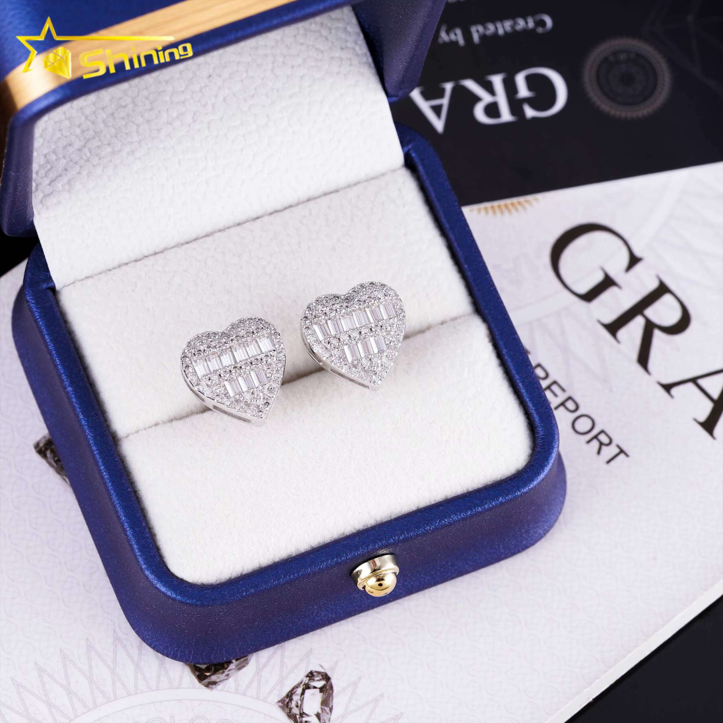 Baguette Moissanite Earring S925 14K Gold Plated Heart Shape Stud Screw Back Hot Sale Fashion Earring Jewelry
