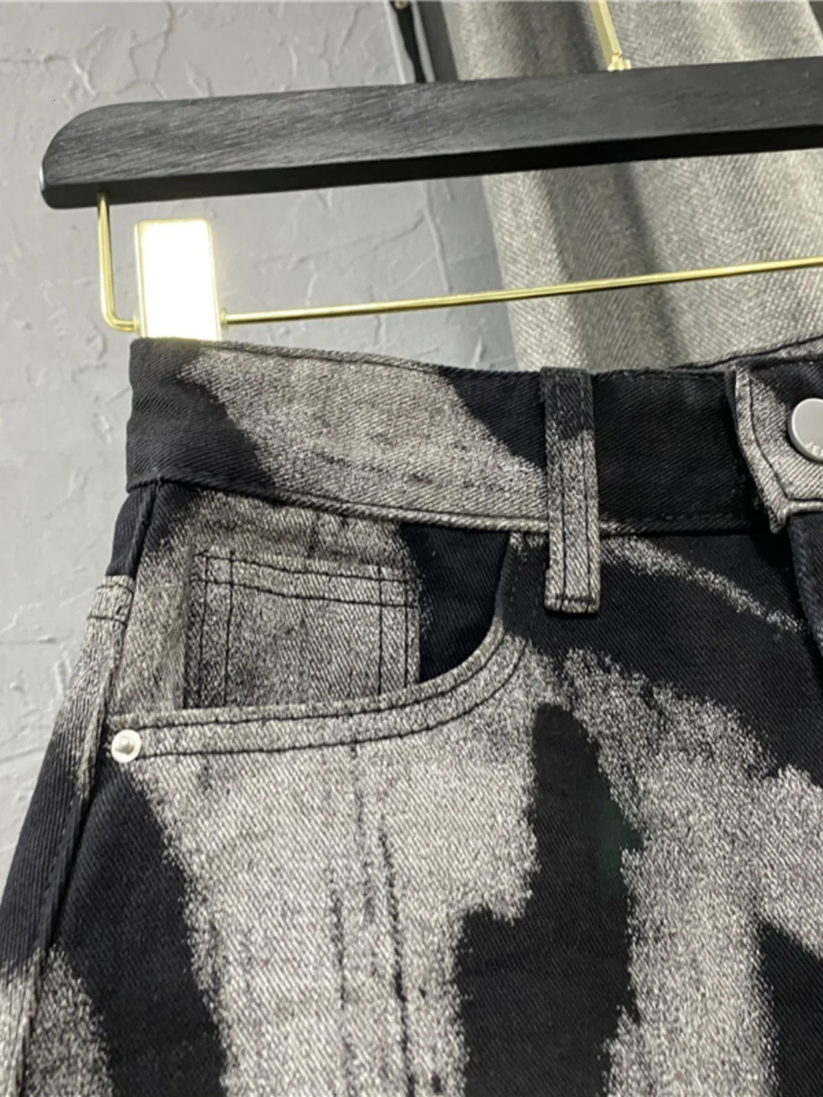 Black Gray Tie Dye Denim Short Skirt High Waist Personalized Pattern Denim Skirt Fringed A-line Skirt Fashion Versatile Skirt 250421