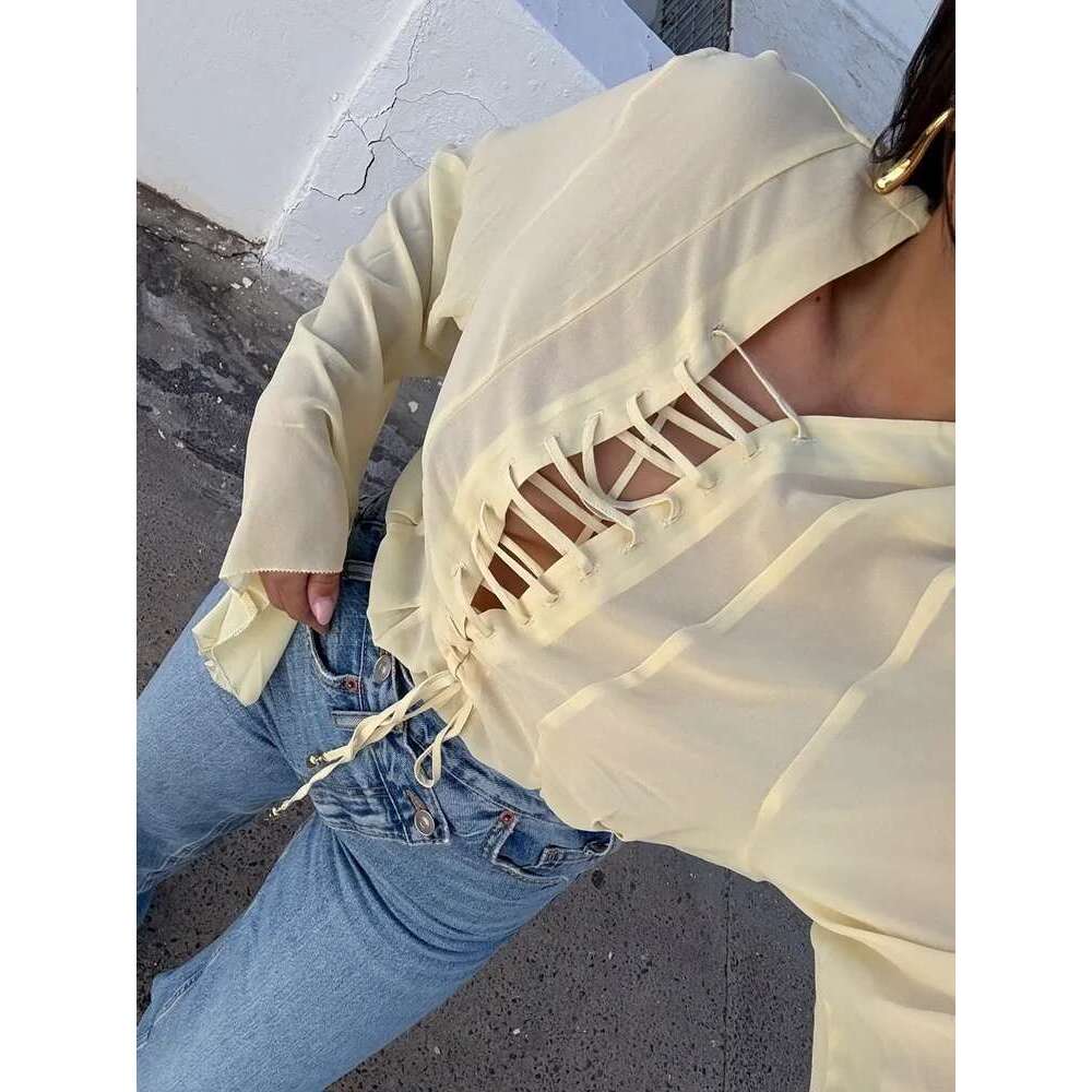 V-Neck Lace Up Waist Cinching Shirt Woman Casual Set Pleated Loose Solid Color Skirt Chic Elegant Versatile Baggy Women's Suits