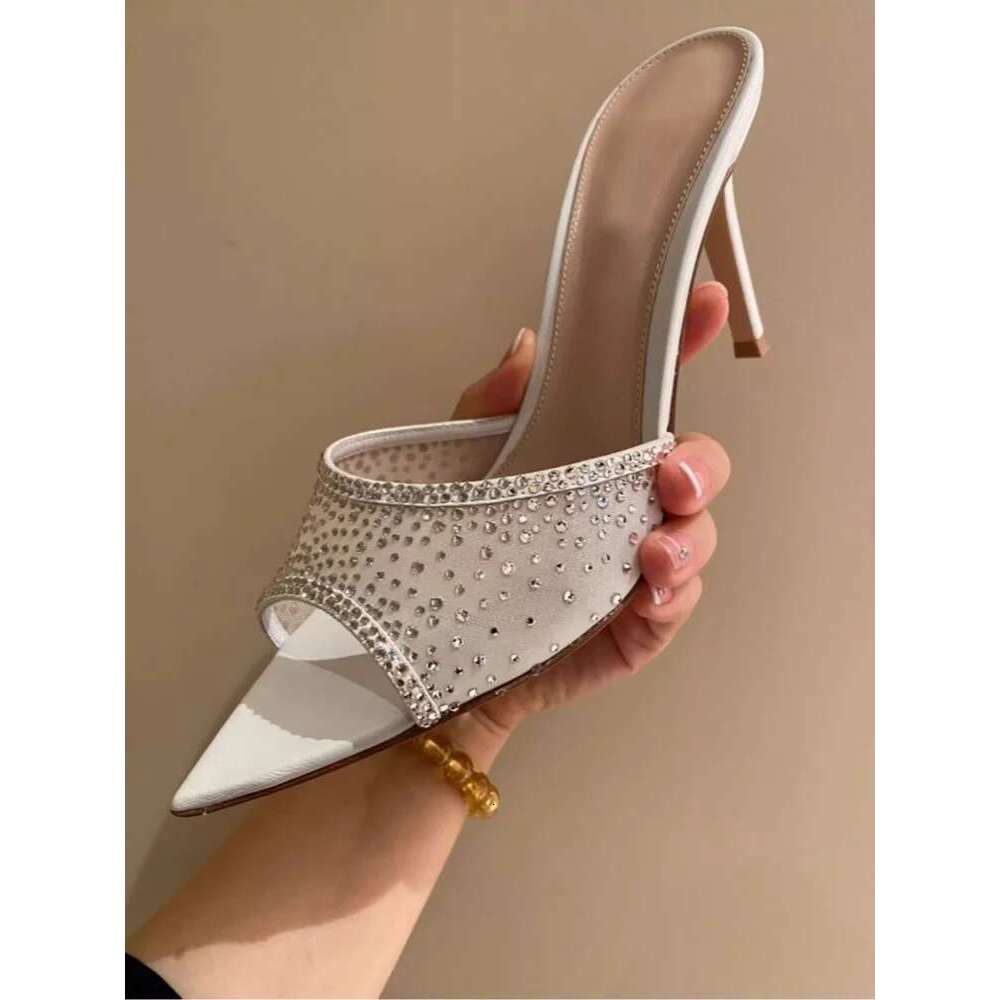 Brand Rhinestones Slippers Sexy Pointed Open Sandals Gentle Women Fashion Stiletto Shoes New Arrival