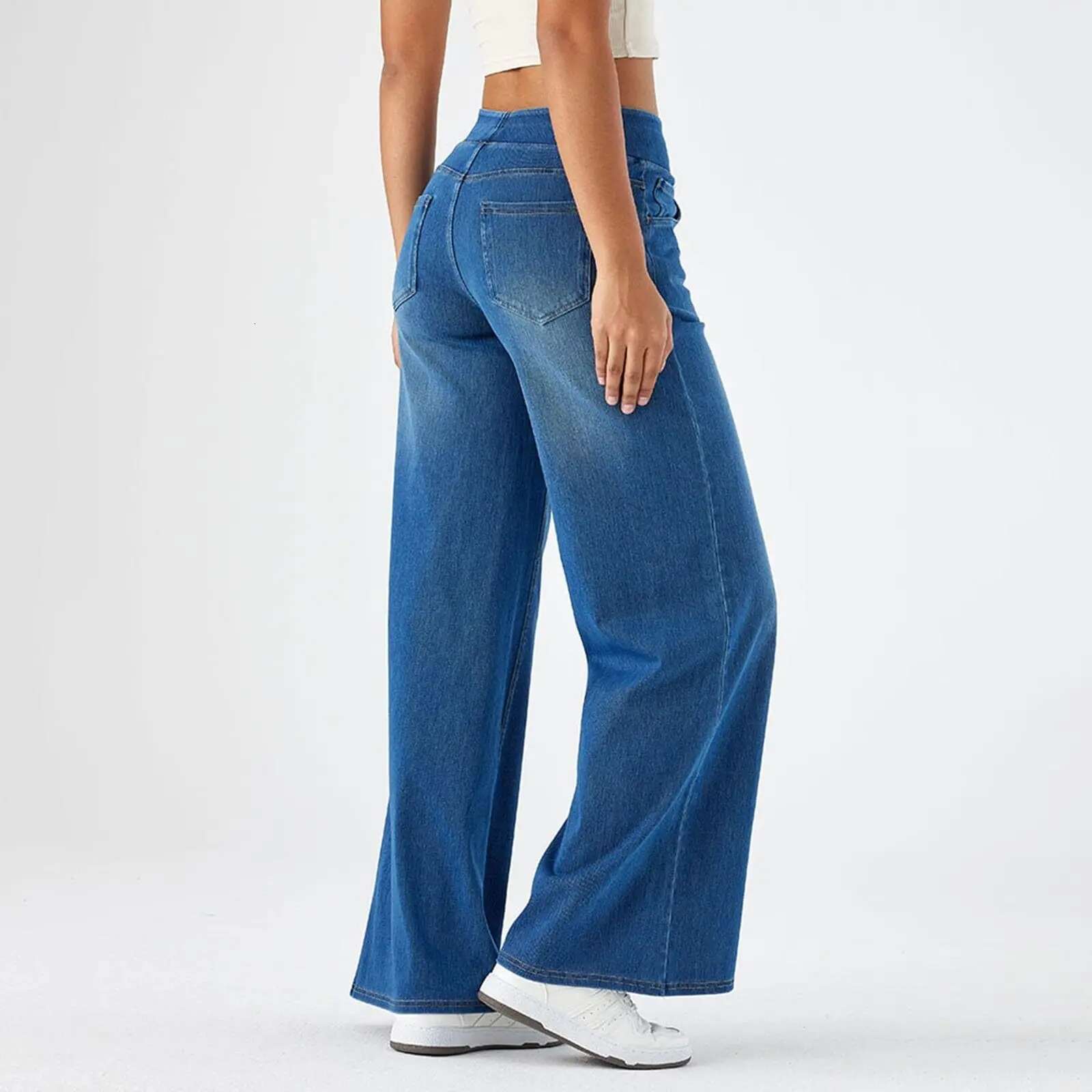 Women Denim Pant Wide Leg Long Pants Y2k Streetwear Elastic Waist Straight Trousers Elegant Mom Jeans Temperament Casual