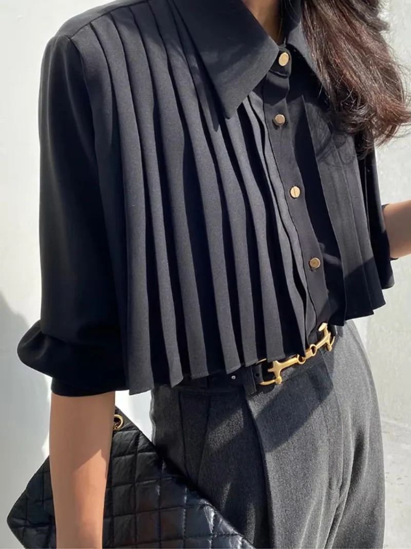Folded black shirt heavyduty industrial chiffon polo womens Ksle spring folding short high waist fully matched top 250422