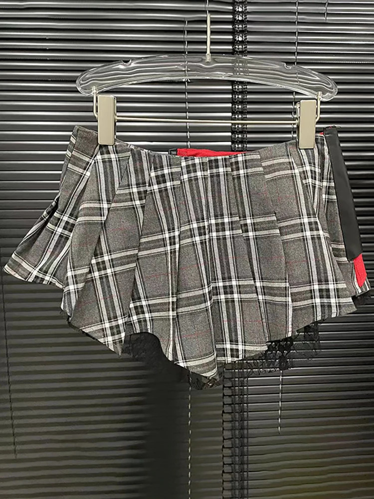 DEAT Womens Denim Skirt High Waist Pu Leather Patchwork Plaid Irregular Wrap Hip Mini Skirts 2025 Spring Fashion 29L7565 250421