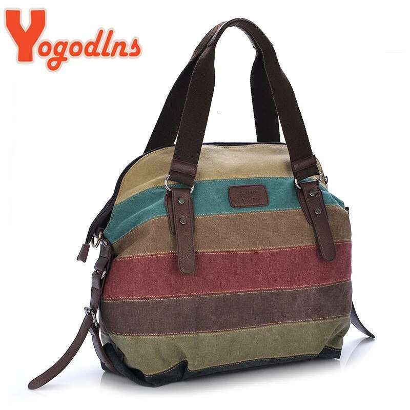 Yogodlns Canvas Totes Striped Womens Handbag New Patchwork Rainbow Shoulder Fashion Female Casual Crossbody Bag Sac a Main