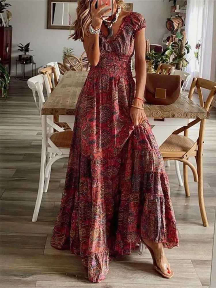 Womens summer new ethnic style printed dress short sleeved waist dress fashionable floral petal sleeves big hem A-line dress W250430
