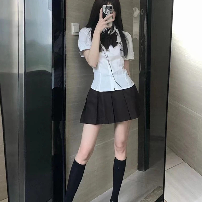 White Sweet Shirt Women Korean Fashion Preppy Style Jk Bandage Short Sleeve Shirt Ladies Summer Y2K Slim Elegant Bow Tops 250425