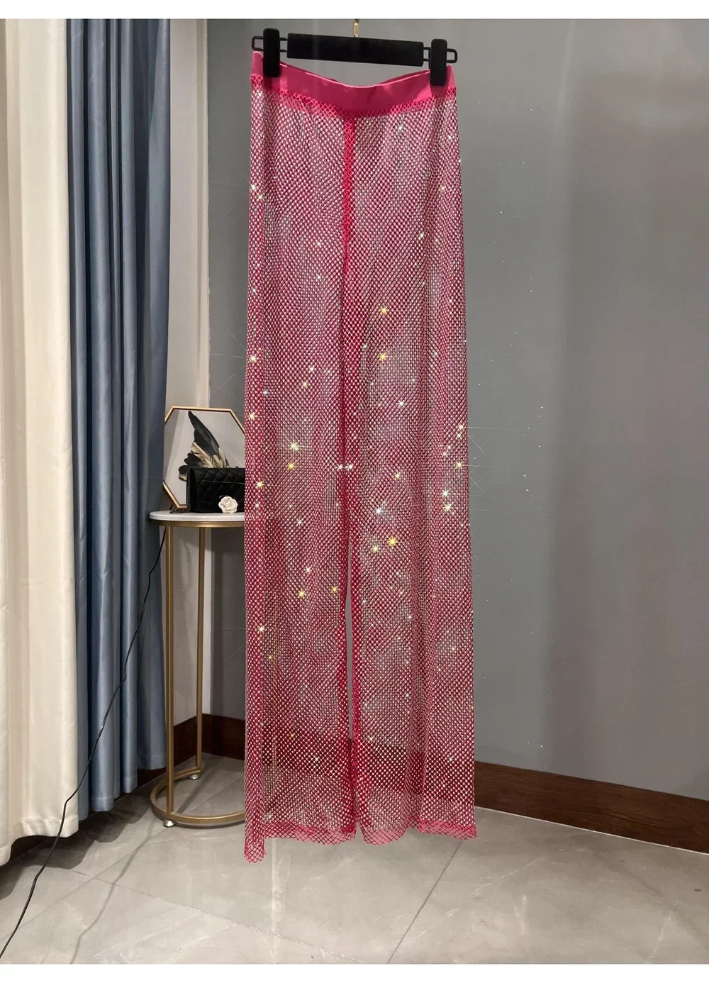 European and American Street Womens Sparkling Colorful Diamond Glowing Grid Wide Leg Pants Floor Dripping Stone Stripes 250428