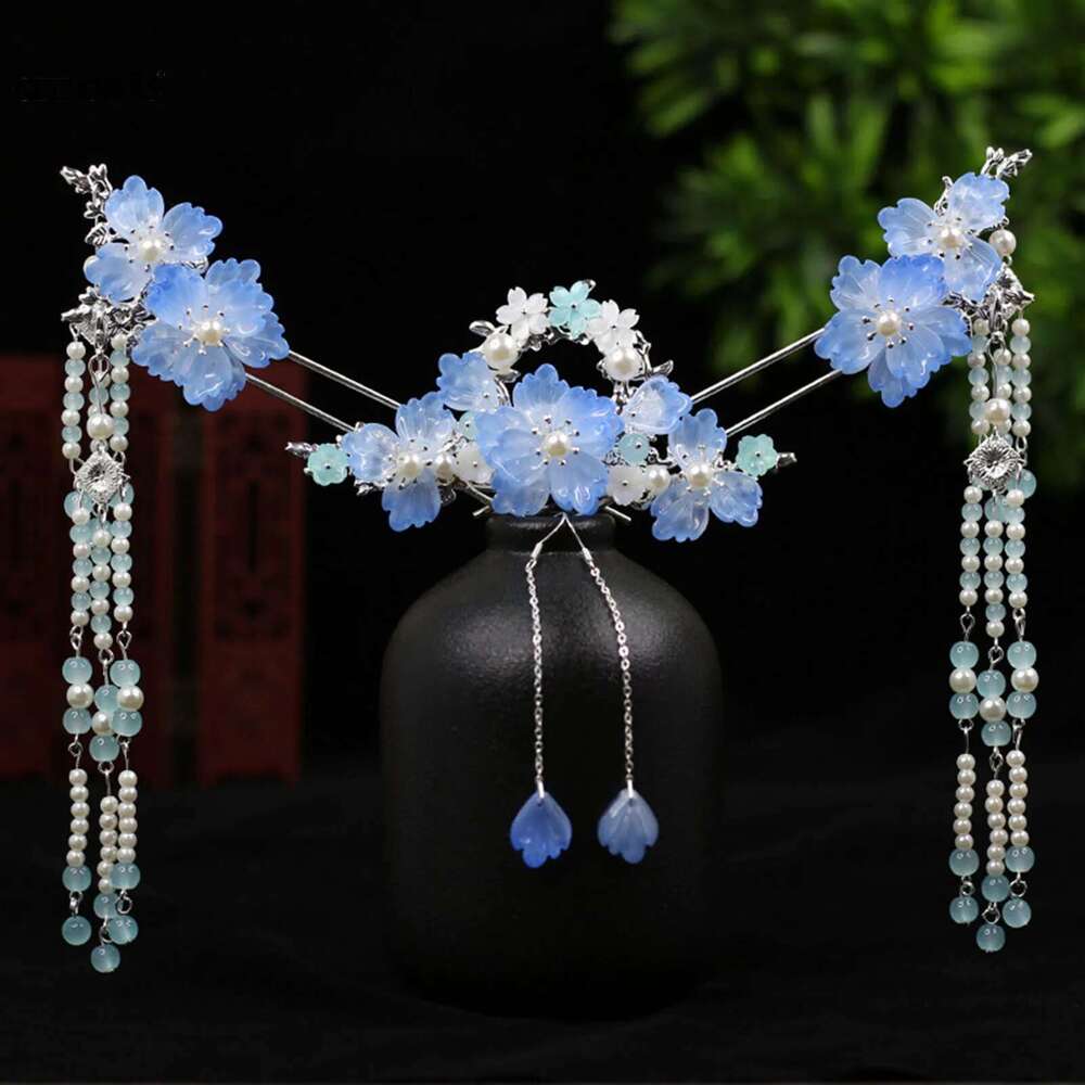 Ancient Hanfu Sticks Tassel Flower Earring Hairpin Set Girl Gift Bridal Headdress Retro Wedding Hair Accessories Headwear