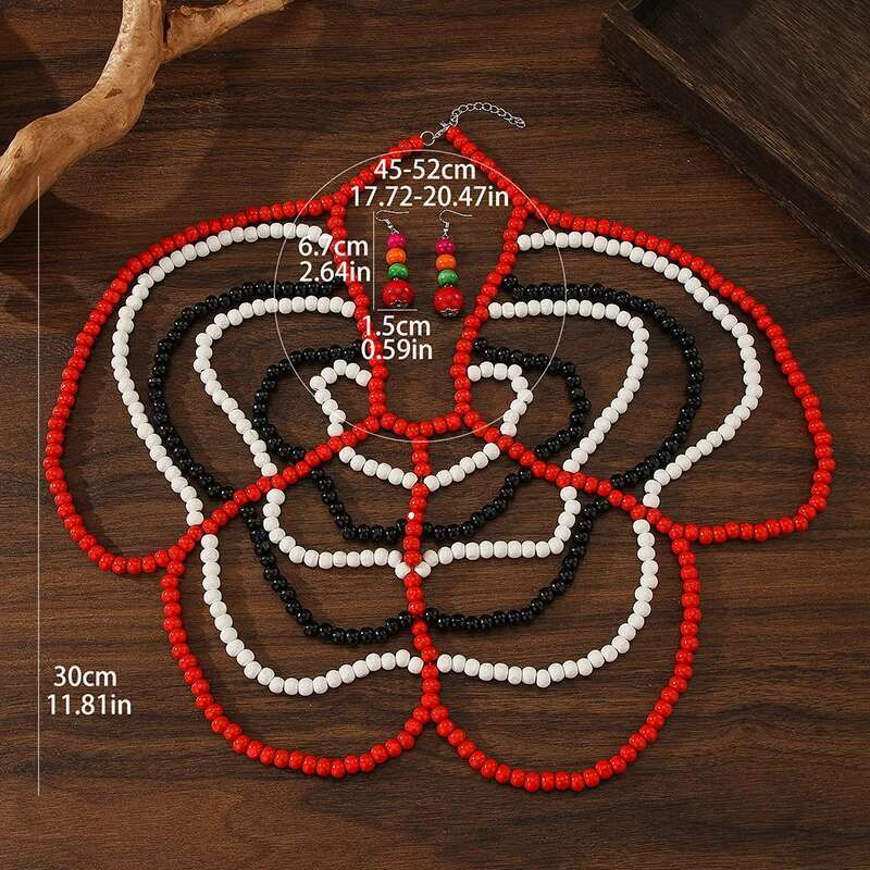 Ethnic Black White Red Butterfly Shape Necklace & Earrings Set Multi Layer Wooden Beads Wood Jewelry Sets For Women Girl