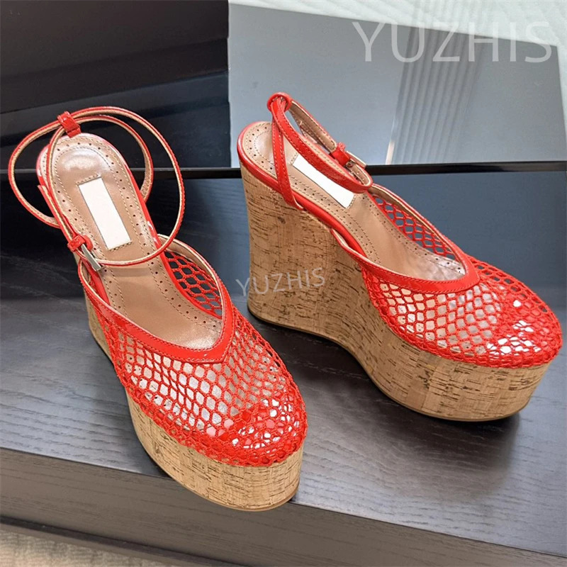 Summer Breathable Mesh Wedge Heels Platform Sandals Women Thick Sole Super High Heels Rome Sandals Sexy Dress Party Pumps Mujer 250428