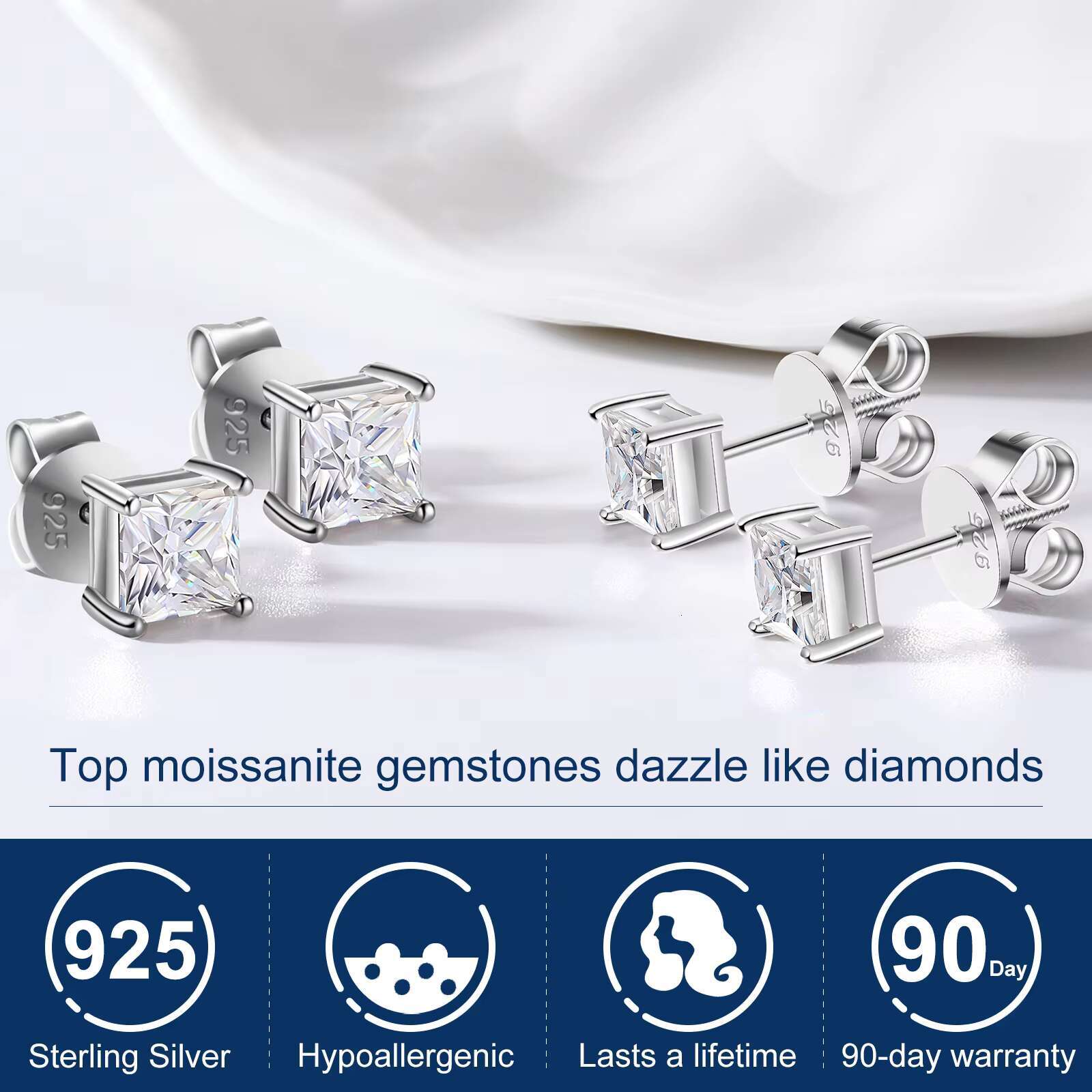 Drop Shipping Factory Direct Sale 925 Sterling Silver 4.5mm-6mm Princess Cut Moissanite Diamond Stud Earring for Gift