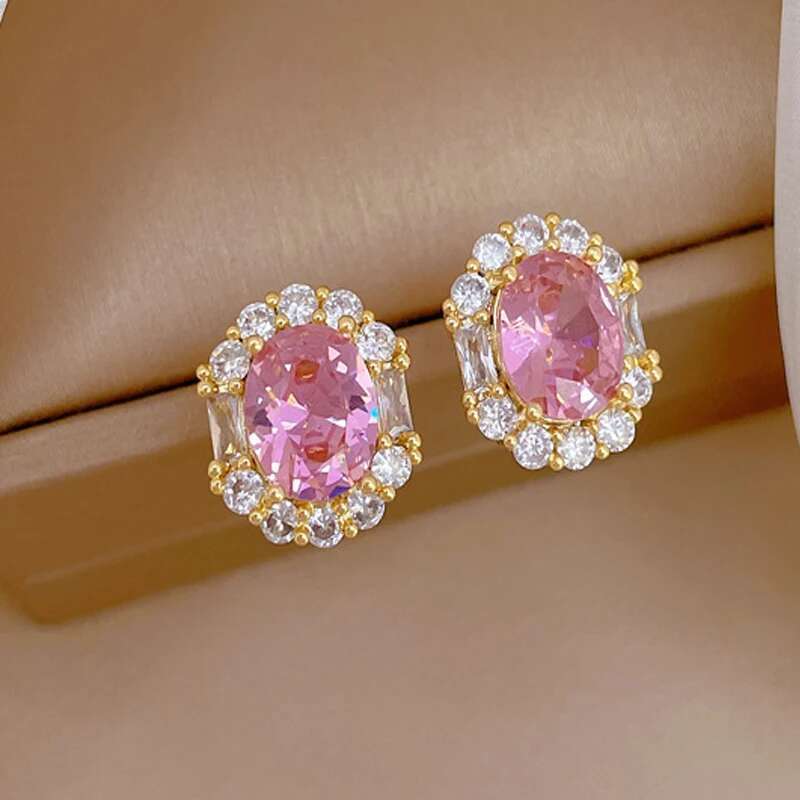 304 Stainless Steel Chain Micro-Inlaid Pink Zircon Necklace Earrings Light Oval Crystal Pendant Charm Jewelry Set