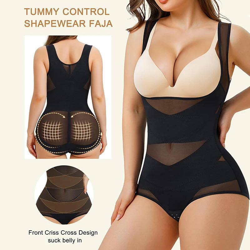 Mesh Shapewear Bodysuit for Women Tummy Control Waist Trainer Butt Lifter Panties Slimming Body Shaper Open Bust Underwear 250424