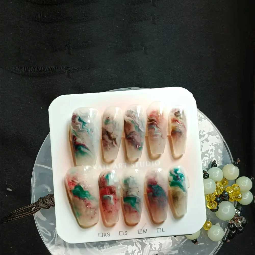 10 pieces of high-quality handmade nail factory nails on press machines straight nail art sparkling diamonds explosive gradient Ins mixed style H25429