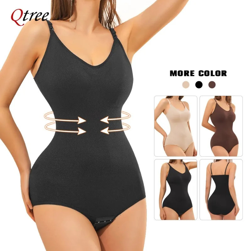 Qtree full body shaping sleeveless abdominal control bodysuit suitable for ultrathin waist coaching machines with hooks 250430