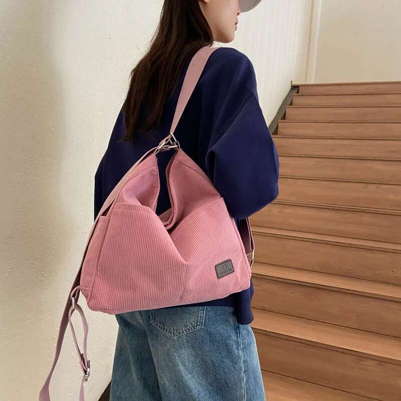 Women Corduroy Shoulder Bag Cute Handbag Big Tote Large Capacity Female Soft Thick Stripe Cloth Purse College Girl Backpacks Bag